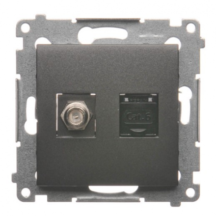 SIMON 54 Gniazdo antenowe typ F + komputerowe RJ45 do ramki antracyt DASFRJ45.01/48