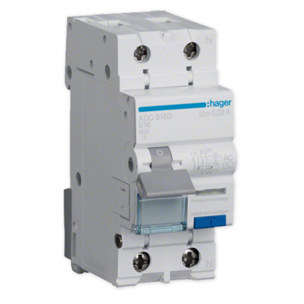 Hager Wyłącznik różnicowo-nadprądowy RCBO 2P B16A 0,03A typ AC ADC916D